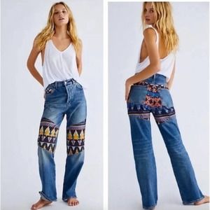 Free People Blue Jeans with Multicolor Aztec Patchwork